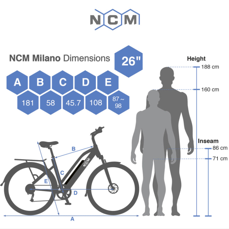 NCM Milano Electric Trek Bike size guide