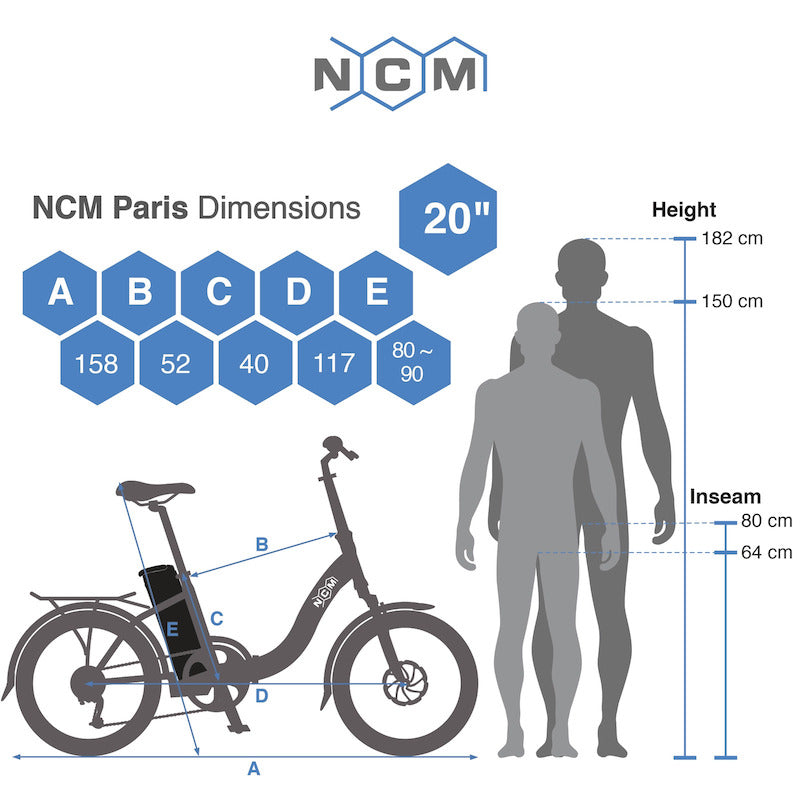 NCM Paris+ (Plus) Folding Electric Bike size chart